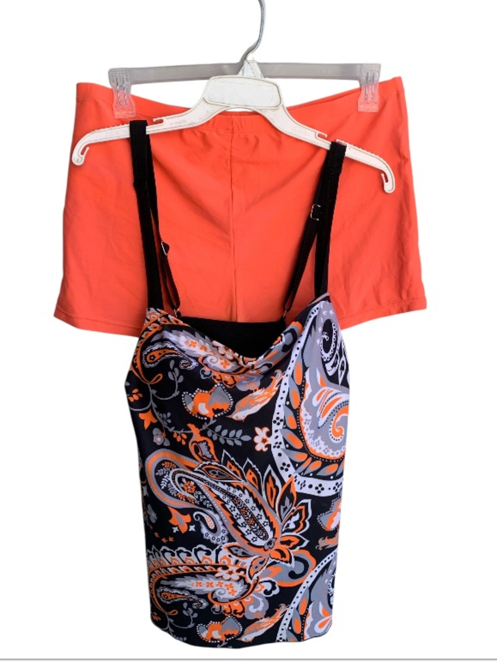 2 pieces . Orange Shorts with Black Paisley Swim Suit
